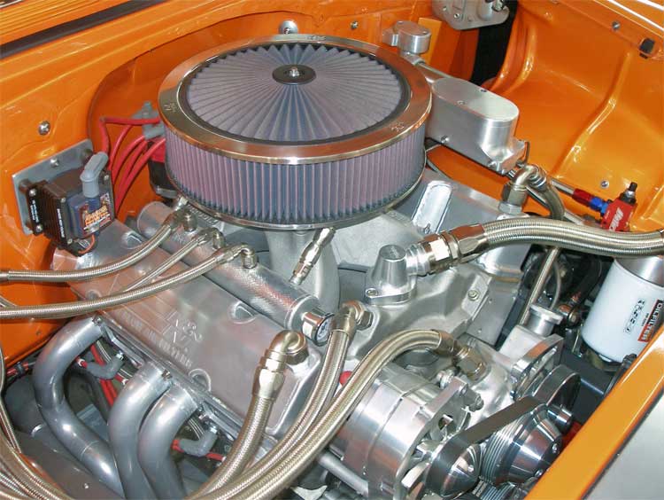 Allaluminum 350 engine with KN air and oil filters in 1955 Chevy
