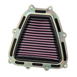 Replacement K&N air filter, number YA-4514XD, is designed to fit inside the stock air filter box of 2014-2016 Yamaha YZ-F models and includes a support frame for even sealing
