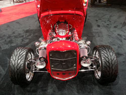 The twin turbo setup on this 1932 Ford displayed at SEMA 2012 takes advantage of the room in front of the motor, to get the optimum air flow