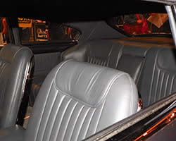 Leather covered front seats, wrap around rear seats, and center console inside the 1949 Buick 56S are from a 1964 Ford Thunderbird