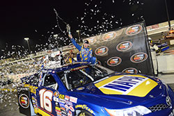 Rookie Todd Gilliland celebrates his win in the NASCAR K&N Pro Series West Series opener in Irwindale
