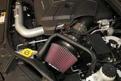 Engine bay shot of K&N Air Intake 63-1570 for the 2014 and 2015 Jeep Grand Cherokee