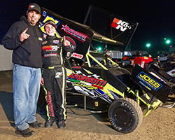 Jake Andreotti, and his father Jared, dedicated Andreotti Racing’s first win in the Super 600 Micro Sprint Car class to Jenni Andreotti