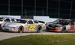 Austin Hill number 22, Cameron Hayley number 98, and Gray Gaulding in the number 20 Krispy Kreme Doughnuts Chevrolet represent the top three finishers at Greenville Pickens Speedway