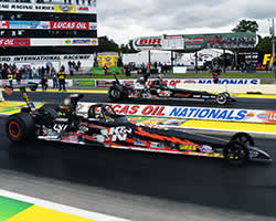 Luke Bogacki staged his American Race Cars dragster in the Super Comp final round of the 34th annual Lucas Oil Nationals at Brainerd International Raceway beside K&N’s Gary Stinnett