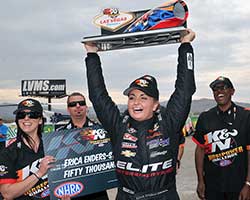 Enders-Stevens amassed 6 NHRA Pro Stock race wins during 2014, and won the 2014 K&N NHRA Horsepower Challenge at Las Vegas Motor Speedway