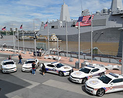 The Fueled By The Fallen 9/11 Angels Cruisers Chevrolet Camaro RS cars appeared in front of USS New York