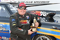 Greg Ventura and his “Wally” trophy, after capturing the Super Street win at the NHRA Lucas Oil Series race at Fontana earlier this year.