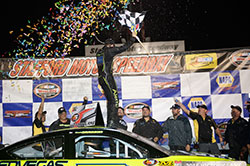 Noah Gragson celebrates after winning the NASCAR K&N Pro Series East race at Stafford Speedway in Connecticut.