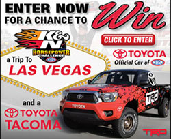 K&N air filters has partnered with Toyota once again to give away a Toyota Tacoma equipped with TRD parts, including a supercharger, cat-back exhaust, off-road suspension and wheels