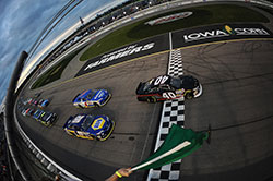 Todd Gilliland leads the field at the start of the NASCAR K&N Pro Series race at Iowa Speedway