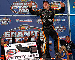 17-year-old North Carolina native Jessie Little got on top of his car to celebrate his first time on victory lane in the Granite State 100 at New Hampshire Motor Speedway
