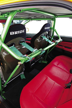 Even with a racing roll cage, passengers can still sit in the back seat or Keoni's Evo, just maybe not comfortably...