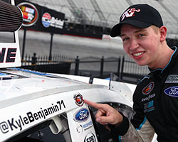 Kyle Benjamin, a rookie of the year contender, scores his first NASCAR victory at Bristol Motor Speedway in Bristol, Tennessee