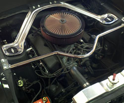 This K&N XStream air filter assembly fits perfectly under the hood of this 1968 Ford Mustang displayed at SEMA 2012