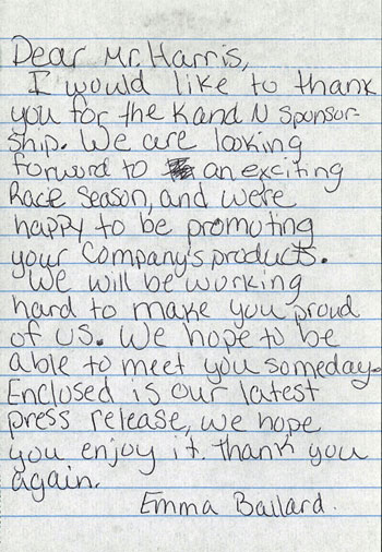 Fast Chicks Racer Emma Ballard thanked Bob Harris of K&N for sponsorship with this hand written letter.