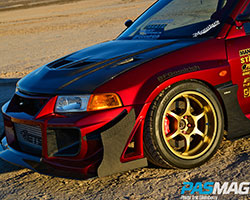 Archie Concon had to convert the 2000 Mitsubishi Mirage coupé front end to that of a four-door Lancer Evolution, by using Evo VI headlights, corner lights, and radiator support bar