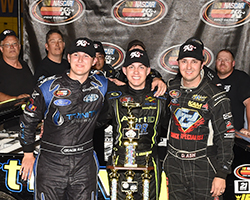 >The top three drivers of the Napa Auto Parts Wildcat 150 at Tucson Speedway in Tucson, Arizona