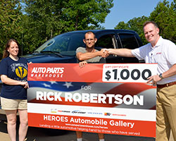 Auto Parts Warehouse surprised Sergeant Rick Robertson at his Hohenwald, Tennessee home over the weekend with a gift certificate for $1,000 and parts from automotive partners like K&N