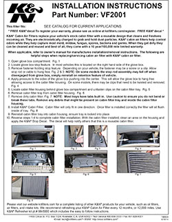 Installation instructions for K&N Cabin Air Filter VF2001