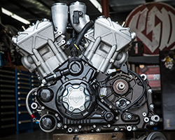 A liquid-cooled v-twin engine represents the future of performance for Victory and features twin 67mm intake throttle bodies
