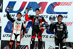 Kyle Wyman on the podium at Utah Motorsports Campus
