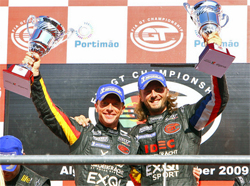 SRT Corvette Z06 drivers Bert Longin and James Ruffier celebrate their first win of the season at the Autodromo Internacional Algarve Circuit in Portimao, Portugal, photo courtesy of Pratt and Miller Engineering