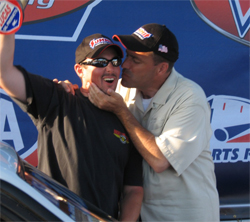 Summit Racing Equipment Nationals Motorsports track owner, Bill Bader Jr. jokes with long time friend Rick Baehr in the Winner's Circle at Norwalk, Ohio
