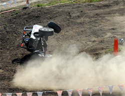 Crash at Cortez, Colorado in XRRA western series race broke Roger Lovell's steering and nearly ripped off his front wheel