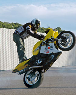 Bubash rides a 2004 Kawasaki ZX6R with a nostalgic Yamaha paint job to support the Pittsburgh Steelers.