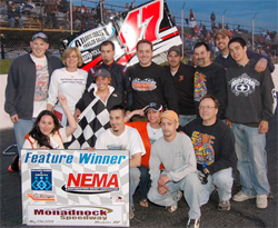 Bertrand Motorsports celebrates victory in the Northeastern Midget Association opener at Monadnock Speedway in Winchester, New Hampshire