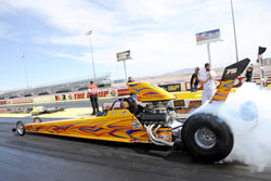 Rumis put his Top Dragster in a comfortable number 2 Qualified position at the Las Vegas NHRA Divisional. Photo by: Bob Johnson Photography.