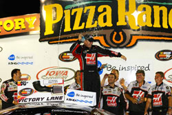 Cole Custer celebrates his NASCAR K&N Pro Series victory at Iowa Speedway and becomes the youngest driver to win a K&N Pro Series race.