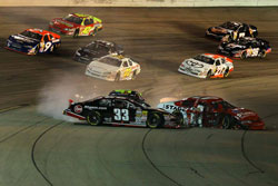 NASCAR K&N Pro Series crash off Turn 2 involved Brandon Jones, Cale Conley and Austin Dyne at Iowa Speedway.