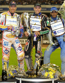 Australian Jason Crump on left, Russian teen Emil Sayfutdinov in center and Sweden's Andreas Jonsson on right after Swedish Grand Prix, photo by Mike Patrick