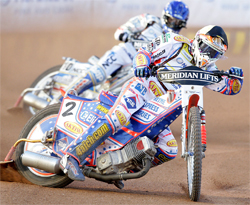Jason Crump followed Sweden's Fredrik Lindgren during tough track conditions at Swedish Grand Prix, photo by Mike Patrick