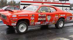 1974 Plymouth Duster piloted by bracket race winner Jacob Rutedge