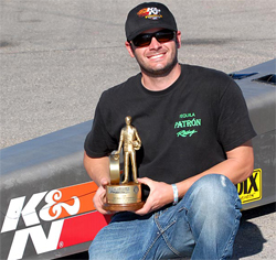 K&N sponsored racer Geoff Nelson with his Wally after his NHRA Top Dragster win in Las Vegas, Nevada, photo by Bob Johnson photography