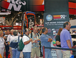 Die Cast car collectors waited in line at SEMA to get a K&N Hot Wheels 1970 Plymouth Barracuda by Mattel designer Jerry Thienprasiddhi