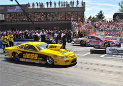 Jeg Coughlin and Greg Anderson face off in the final round of eliminations in the K&N Horsepower Challenge at the NHRA Full Throttle Drag Racing Series in Norwalk, Ohio