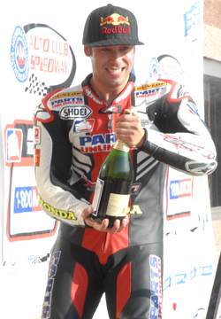 Erion's Jake Zemke celebrates his Formula Xtreme victory in the AMA Suzuki Superbike Series