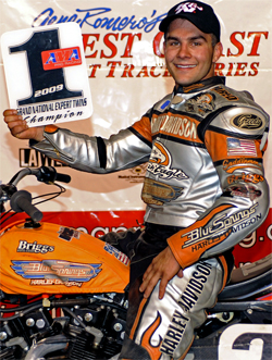 AMA Grand National Dirt Track Racing Champion Jared Mees on the podium at Pomona, California