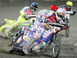 Jason Crump. Freddie Lindgren, Kenneth Bjerre and Andreas Jonsson fight for points in the opening round of the 2009 World Speedway Grand Prix