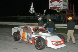 Jeriod taking the checkered flag at Sandusky Speedway.