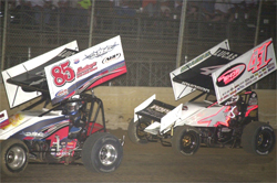 Tommy Bryant and Jason Johnson battle it out at Lake Ozark Speedway in Eldon, Missouri