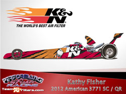 The Very Bold and Flashy Rendering of Kathy Fisher's All New 2012 K&N American Race Cars Patriot Swing Arm Dragster