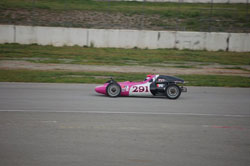 Streaking to victory at the Route 66 Classic in her hot pink number 291 K&N Formula Vee