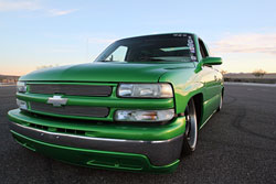 Chevy Silverado sporting House of Kolor LimeTime Green and HOK Orion Silver graphic by Rob Olin of Olin Designs