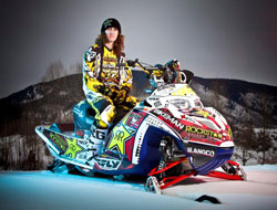 Colten Moore prepars for snowmobile freestyle at Winter X Games in Aspen, Colorado
