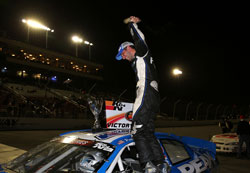 Patrick Staropoli celebrates his victory at the NAPA Auto Parts 150 at Irwindale Speedway.